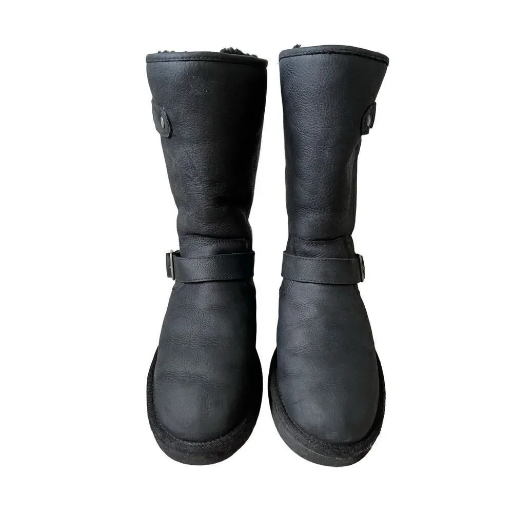 UGG Australia Women Sutter Black Leather Dual Buckle Moto Biker Boots size‎ 6
